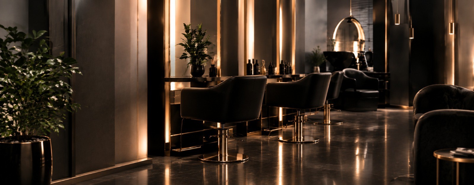 Interior de salão sofisticado com poltronas pretas, detalhes dourados e iluminação quente